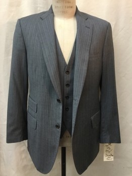 Mens, Suit, Jacket, BROOKS BROTHERS, Lt Gray, Lt Blue, Wool, Stripes - Vertical , 40R, Single Breasted, 2 Buttons,  4 Pockets, Top Stitch, Notched Lapel,