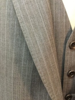 BROOKS BROTHERS, Lt Gray, Lt Blue, Wool, Stripes - Vertical , Single Breasted, 2 Buttons,  4 Pockets, Top Stitch, Notched Lapel,