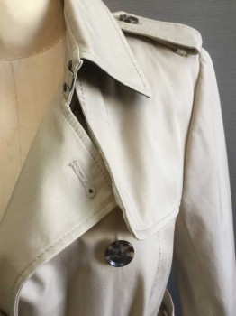BANANA REPUBLIC, Khaki Brown, Cotton, Polyester, Solid, Waxed Cotton Twill, Double Breasted, Epaulets, Collar Attached, White Self Stripe Satin Lining **2 Pieces - Comes with Matching Belt