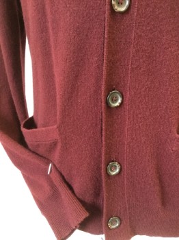 RALPH LAUREN, Maroon Red, Cashmere, Solid, Maroon, V-neck, 5 Button Front, Long Sleeves, 2 Pockets