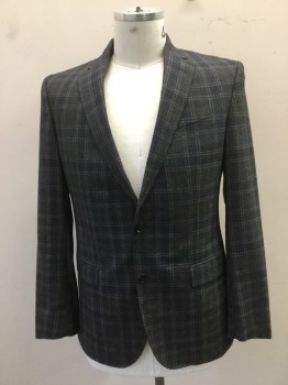 TED BAKER, Gray, Navy Blue, Lt Gray, Wool, Rayon, Plaid, 2 Button Single Breasted, 3 Pockets, Purple Rayon Brocade Lining, 2 Slits Center Back,