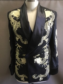 Mens, Smoking Jacket, MTO, Black, Butter Yellow, Polyester, Asian Inspired Theme, Solid, 44R, Made To Order, Dragon Embroidery, Satin Shawl Lapel with Black Cording, Frog Closure