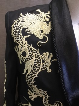 Mens, Smoking Jacket, MTO, Black, Butter Yellow, Polyester, Asian Inspired Theme, Solid, 44R, Made To Order, Dragon Embroidery, Satin Shawl Lapel with Black Cording, Frog Closure