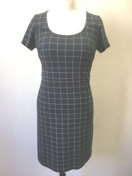 ANN TAYLOR, Navy Blue, Tan Brown, Rayon, Polyester, Grid , Navy with Tan Grid Stripes, Short Sleeves, Scoop Neck, 2" Wide Self Waistband, Straight Fit Skirt, Knee Length