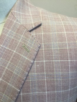 MAXDAVOLI  BARONI, Lt Pink, Cream, Lt Blue, Wool, Silk, Plaid, 2 Button Single Breasted, Notched Lapel, 2 Pockets with Flaps, 1 Welt Pocket, 2 Slits at Back