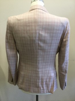 MAXDAVOLI  BARONI, Lt Pink, Cream, Lt Blue, Wool, Silk, Plaid, 2 Button Single Breasted, Notched Lapel, 2 Pockets with Flaps, 1 Welt Pocket, 2 Slits at Back