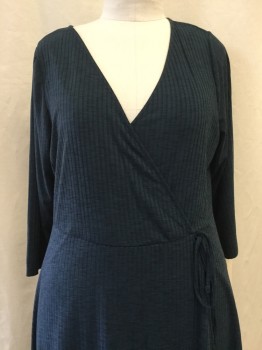 TORRID, Dk Blue, Polyester, Rayon, Heathered, Cross Over V-neck, Faux Self Tie Bust, Ribbed