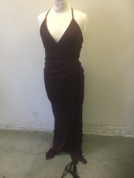L'AGENCE, Dk Purple, Plum Purple, Viscose, Solid, Stretchy Material, Spaghetti Halter Straps, Faux Wrap Deep V Surplice Front, Self Tie Belt Attached at Waist with Tassles at Ends, Floor Length with Slits at Side Up to Hip