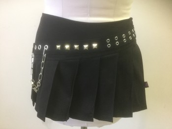 TRIPP, Black, Cotton, Spandex, Solid, Pleated Mini Skirt with Self Attached Belt, Silver Metal Grommets, Pyramid Studs, and Hanging Chain at Hip, Dropped Waist, Silver Zipper at Center Back, Mall Goth/Emo Style