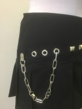TRIPP, Black, Cotton, Spandex, Solid, Pleated Mini Skirt with Self Attached Belt, Silver Metal Grommets, Pyramid Studs, and Hanging Chain at Hip, Dropped Waist, Silver Zipper at Center Back, Mall Goth/Emo Style