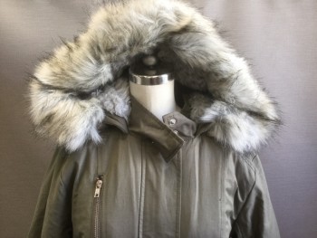 Womens, Coat, Winter, ASOS, Olive Green, Gray, Cotton, Polyester, Solid, 2, Zip/snap Front, Pocket Flaps, Grey Curly Fur Lining, Attached Hood with Grey Fur Detachable Trim