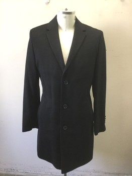 Mens, Coat, Overcoat, HUGO BOSS/COLOMBO, Black, Wool, Cashmere, Solid, 42R, Single Breasted, Notched Lapel, 3 Buttons, 2 Pockets, Dark Navy Lining