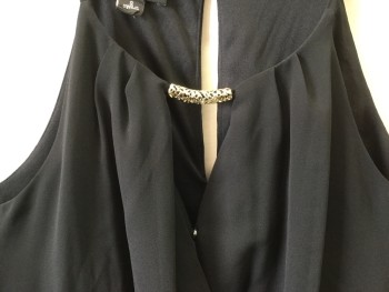 BCX, Black, Polyester, Solid, Spagetti Straps, Surplice Front with a Keyhole Neck with Gold Filigree Bar, Elastic Waist, Keyhole Back, Double,