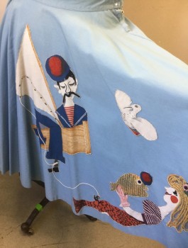 Womens, Skirt, MADALYN MILLER, Baby Blue, Multi-color, Cotton, Novelty Pattern, W:27, Circle Skirt, Solid Baby Blue with Large Appliqué of Fisherman Catching a Mermaid, 1.5" Wide Self Waistband, Side Zipper,