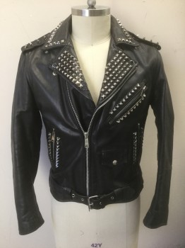 U MR, Black, Silver, Leather, Metallic/Metal, Solid, Motorcycle Jacket, Zip Front, Silver Metal Pyramid Studs Throughout, 3 Zip Pockets, Epaulettes at Shoulders with Pointy Silver Studs, Self Belt Straps Attached at Side Waist with Silver Buckle, **Light Wear Throughout
