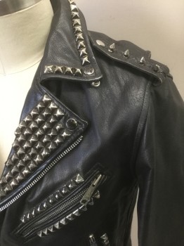 U MR, Black, Silver, Leather, Metallic/Metal, Solid, Motorcycle Jacket, Zip Front, Silver Metal Pyramid Studs Throughout, 3 Zip Pockets, Epaulettes at Shoulders with Pointy Silver Studs, Self Belt Straps Attached at Side Waist with Silver Buckle, **Light Wear Throughout