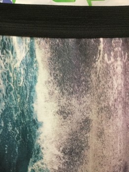 ZARA, Cream, Teal Green, Magenta Purple, Purple, Black, Polyester, Elastane, Mottled, Cream with Teal Green, Mauve, Purple Marble Print, 1" Black Elastic Waist Band, Fitted