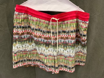 T. CHRISTOPHER, Hot Pink, Olive Green, White, Dk Green, Polyester, Nylon, Tie-dye, Stripes, Smocked Hot Pink Solid Drawstring Waistband, Tie Dyed Stripe, 3 Pockets, Multiple
