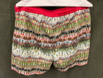 T. CHRISTOPHER, Hot Pink, Olive Green, White, Dk Green, Polyester, Nylon, Tie-dye, Stripes, Smocked Hot Pink Solid Drawstring Waistband, Tie Dyed Stripe, 3 Pockets, Multiple