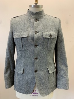 ZARA, Black, White, Wool, Viscose, Tweed, Mandarin Collar, Single Breasted, Button Front, 4 Pockets, with Pleat, Epaulets