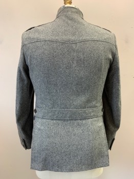 ZARA, Black, White, Wool, Viscose, Tweed, Mandarin Collar, Single Breasted, Button Front, 4 Pockets, with Pleat, Epaulets