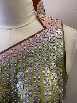 Womens, Sci-Fi/Fantasy Breastplate, MTO, Lilac Purple, Chartreuse Green, Bronze Metallic, Silver, Leather, Metallic/Metal, Ombre, Geometric, W33, B44, Asymmetrical Squared Neckline, Lace Sides and Back, Stand Up Collar, Metal Washers Stitched in 4 Holes NONBARCODED Gauntlets, Lace Up with Leather Cord
