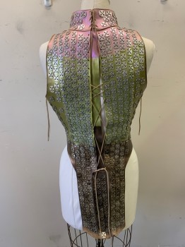Womens, Sci-Fi/Fantasy Breastplate, MTO, Lilac Purple, Chartreuse Green, Bronze Metallic, Silver, Leather, Metallic/Metal, Ombre, Geometric, W33, B44, Asymmetrical Squared Neckline, Lace Sides and Back, Stand Up Collar, Metal Washers Stitched in 4 Holes NONBARCODED Gauntlets, Lace Up with Leather Cord