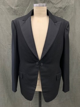 Mens, 1930s Vintage, Formal Jacket , MTO / COSPROP, Black, Wool, Solid, 40R, Single Breasted, Collar Attached, Faille Peaked Lapel, 2 Buttons,  2 Pockets,