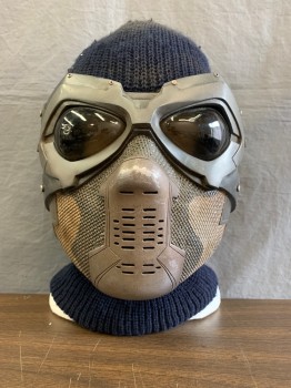 Unisex, Sci-Fi/Fantasy Headpiece, MTO, Gray, Bronze Metallic, Navy Blue, Plastic, Polyester, Color Blocking, L, Flexible Mask with Knit balaclava Attached, Aged, Multiple