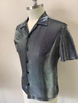 Mens, Club Shirt, POP ICON, Silver, Polyester, Solid, L, Stretchy, Short Sleeves, Button Front, Collar Attached, Fitted