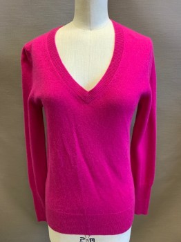 HALOGEN, Fuchsia Pink, Cashmere, Solid, Long Sleeves, V-neck, Long Rib Knit at Wrists