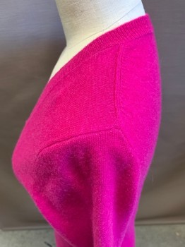 HALOGEN, Fuchsia Pink, Cashmere, Solid, Long Sleeves, V-neck, Long Rib Knit at Wrists