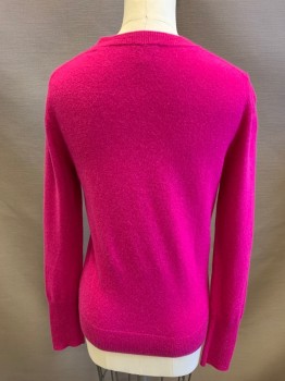 Womens, Pullover, HALOGEN, Fuchsia Pink, Cashmere, Solid, S, Long Sleeves, V-neck, Long Rib Knit at Wrists
