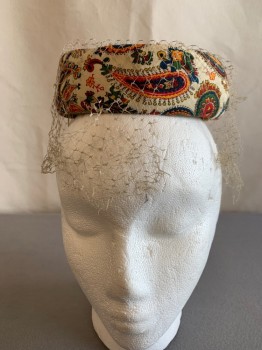 Womens, Hat, N/L, Cream, Red, Green, Yellow, Polyester, Paisley/Swirls, Pill Box, Bow on Top, Veil Needs Work
