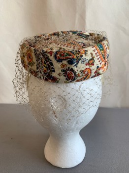 Womens, Hat, N/L, Cream, Red, Green, Yellow, Polyester, Paisley/Swirls, Pill Box, Bow on Top, Veil Needs Work