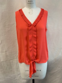 CHELSEA 28, Coral Orange, Polyester, Solid, Sleeveless, V-neck, Pleated Ruffle at Neck and Down Front, Tie at Waist