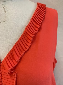 CHELSEA 28, Coral Orange, Polyester, Solid, Sleeveless, V-neck, Pleated Ruffle at Neck and Down Front, Tie at Waist