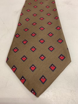 Mens, Tie, CALVIN KLEIN, Lt Brown, Red, Blue, Silk, Geometric, Small Red Squares with Blue Edges on Brown Background, "Calvin Klein" Pattern on Cream Lining,