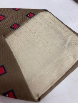 Mens, Tie, CALVIN KLEIN, Lt Brown, Red, Blue, Silk, Geometric, Small Red Squares with Blue Edges on Brown Background, "Calvin Klein" Pattern on Cream Lining,