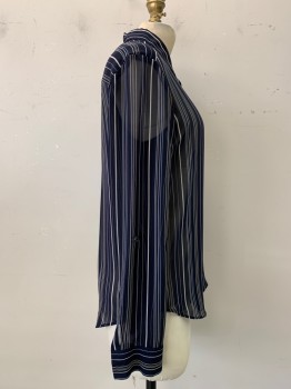 ANN TAYLOR, Navy Blue, Lt Blue, White, Sage Green, Synthetic, Stripes - Vertical , Sheer, Button Front, Collar Attached, Long Sleeves,