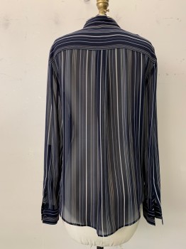 ANN TAYLOR, Navy Blue, Lt Blue, White, Sage Green, Synthetic, Stripes - Vertical , Sheer, Button Front, Collar Attached, Long Sleeves,