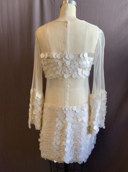 MTO, White, Silk, Sequins, Solid, Sheer Chiffon Yoke/Waist/Sleeves, Large Communion Wafer Size Sequins at Bust/Skirt/Lower Sleeve, Zip Back, Hem Above Knee *Tear Repairs Done at Shoulders*