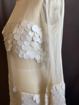 Womens, Cocktail Dress, MTO, White, Silk, Sequins, Solid, W 33, B 36, H 38, Sheer Chiffon Yoke/Waist/Sleeves, Large Communion Wafer Size Sequins at Bust/Skirt/Lower Sleeve, Zip Back, Hem Above Knee *Tear Repairs Done at Shoulders*