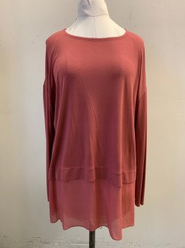 NL, Raspberry Pink, Poly/Cotton, Solid, Pullover, Scoop Neck, Long Sleeves, Chiffon Under Layer at Hem for Under Shirt Look