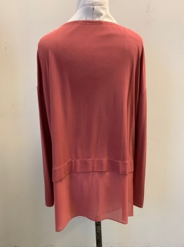 NL, Raspberry Pink, Poly/Cotton, Solid, Pullover, Scoop Neck, Long Sleeves, Chiffon Under Layer at Hem for Under Shirt Look