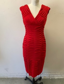 Womens, Cocktail Dress, ADRIANNA PAPELL, Red, Polyester, Spandex, Solid, Sz.4, Stretchy with 1" Wide Multi Directional Pleats Throughout, Cap Sleeves, Surplice V-neck, Empire Waist, Clingy Sheath Dress, Knee Length