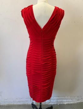 Womens, Cocktail Dress, ADRIANNA PAPELL, Red, Polyester, Spandex, Solid, Sz.4, Stretchy with 1" Wide Multi Directional Pleats Throughout, Cap Sleeves, Surplice V-neck, Empire Waist, Clingy Sheath Dress, Knee Length