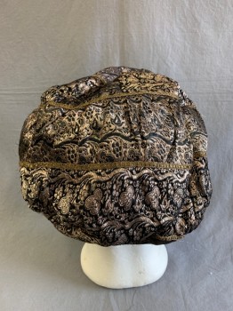 Mens, Historical Fiction Hat , MTO, Brass Metallic, Black, Cotton, Floral, 23", Round Cap,, Horizontal Green Strips, Aged