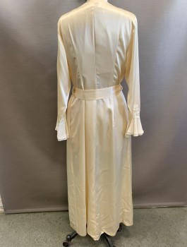 Womens, SPA Robe, OSCAR DE LA RENTA, Cream, Polyester, Solid, M, Satin, Long Sleeves, Lace Floral Accent at Neck and Cuffs, Open Front with 1 Hook/Eye Closure, Floor Length, 2 Side Seam Pockets, **With Matching Sash Belt