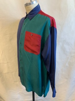 Mens, Club Shirt, IN PRIVATE, Forest Green, Navy Blue, Maroon Red, Silk, Color Blocking, M, L/S, Button Front, Collar Attached, 1 Patch Pocket with Button, Oversized Fit